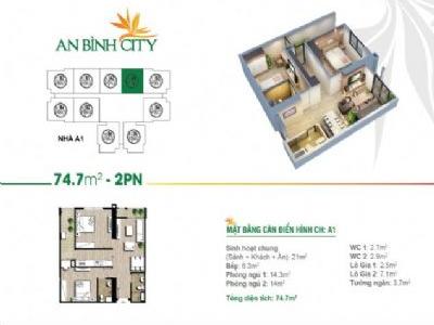Bán căn hộ 75m2 gồm 2N 2VS toà A7 tầng cao,chung cư An Bình, nội thất CB.