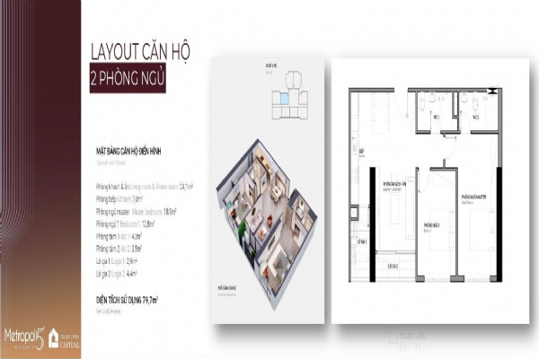 Thiết kế căn hộ 2 phòng ngủ Metropoli5 Nam An Khánh (lô HH2D)