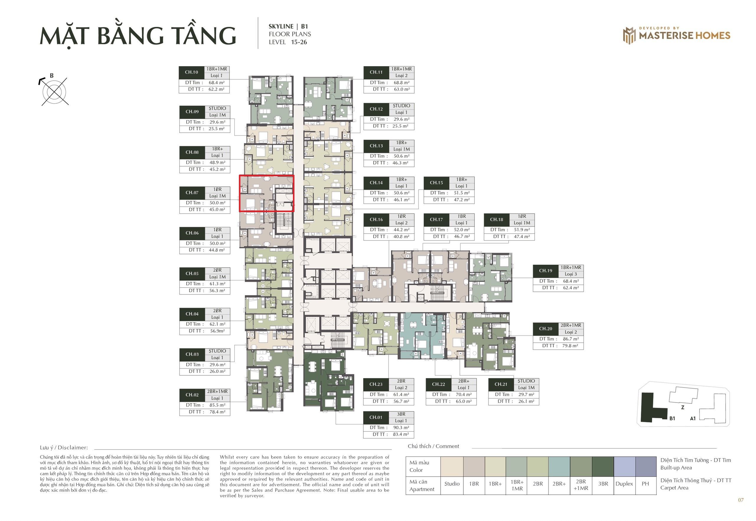 Bán căn hộ 1 phòng ngủ Lumière Prime Hills- Hướng Đông Bắc- Tầng 23-SkyLine B1