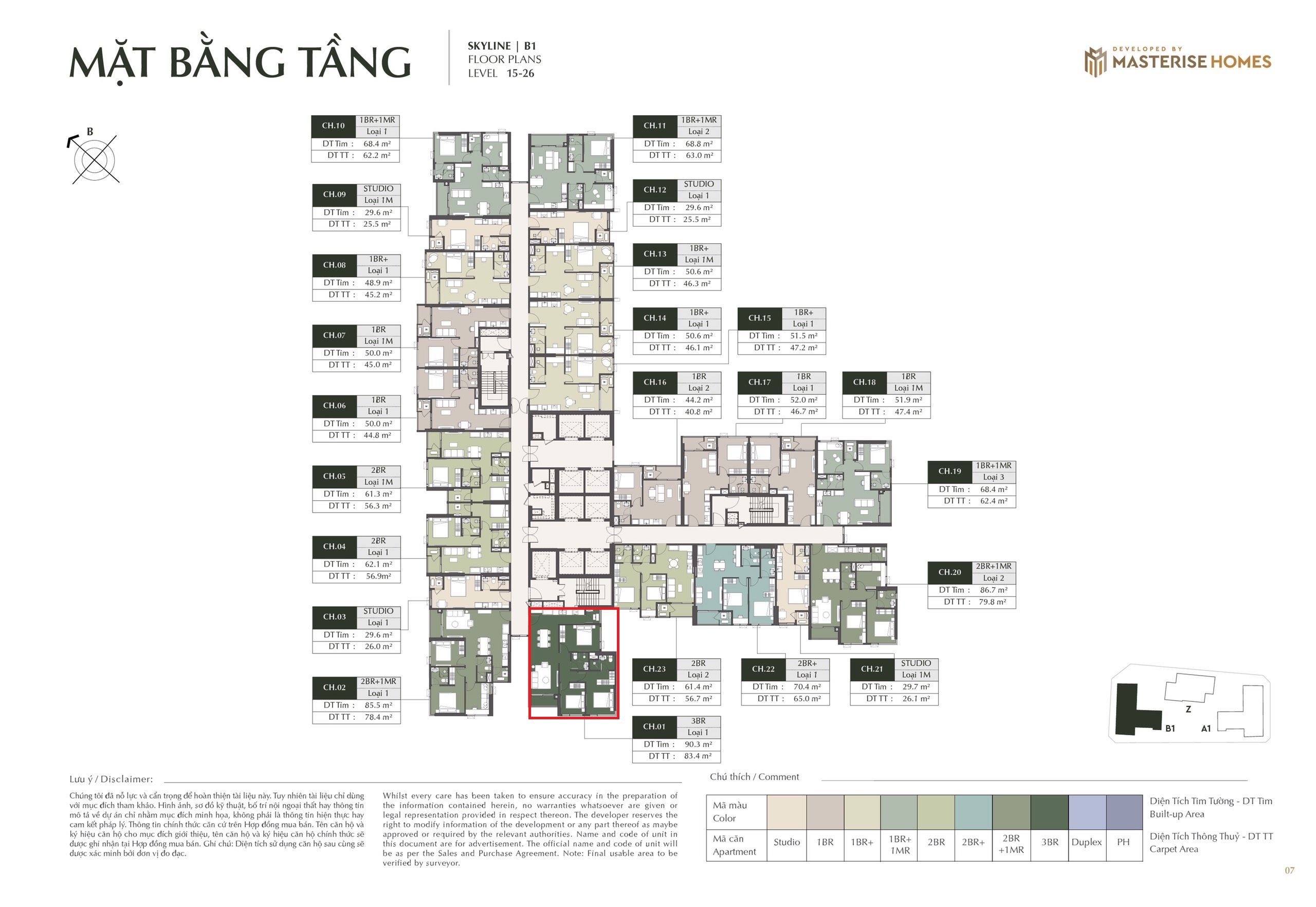 Bán căn hộ 3 ngủ tầng 17 tòa B1 Skyline chung cư LUMIÈRE PRIME HILLS hướng Đông Nam