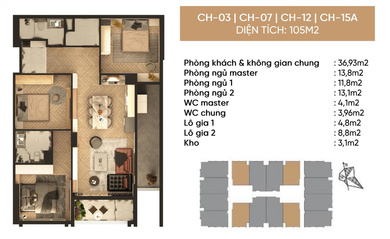 Thiết kết căn hộ 3 ngủ 105m2