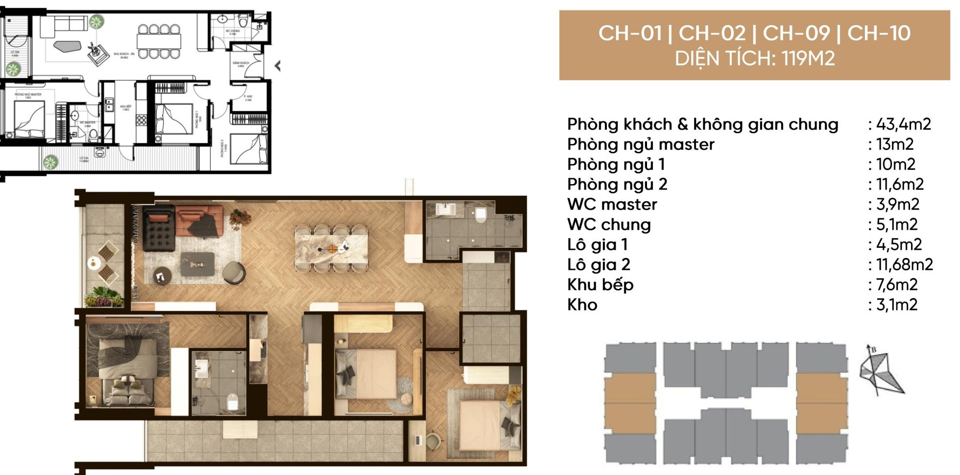 Thiết kế căn hộ 3 ngủ 119m2