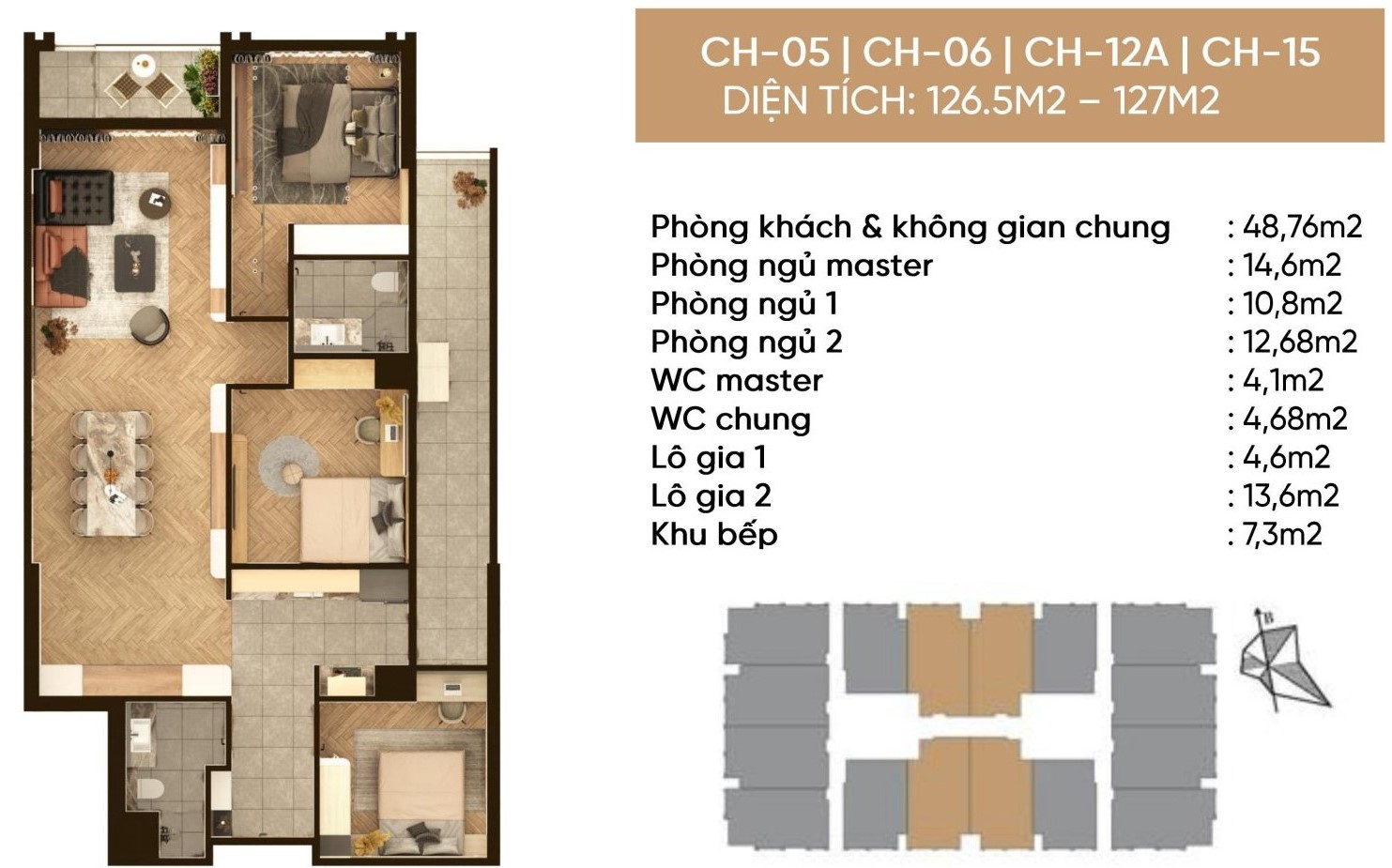 Thiết kế căn hộ 3 ngủ 126-127m2