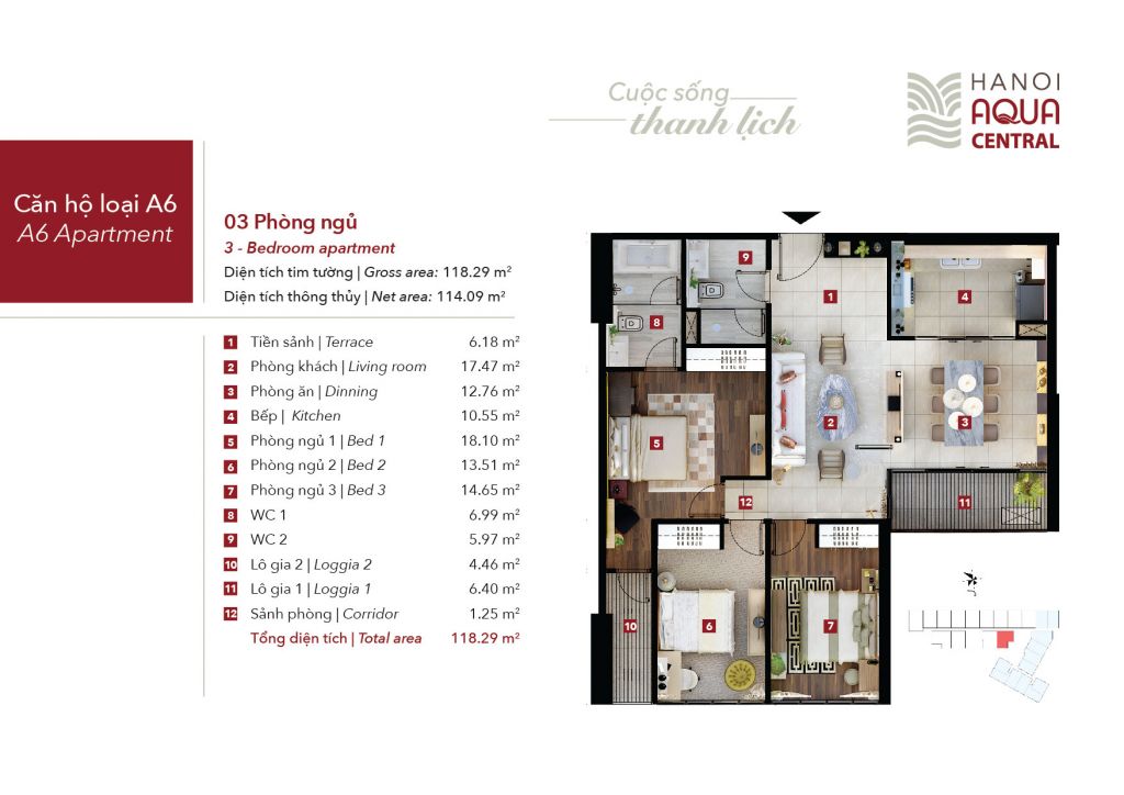 Thiết kế căn hộ 3 phòng ngủ Hà Nội Aqua Central 2