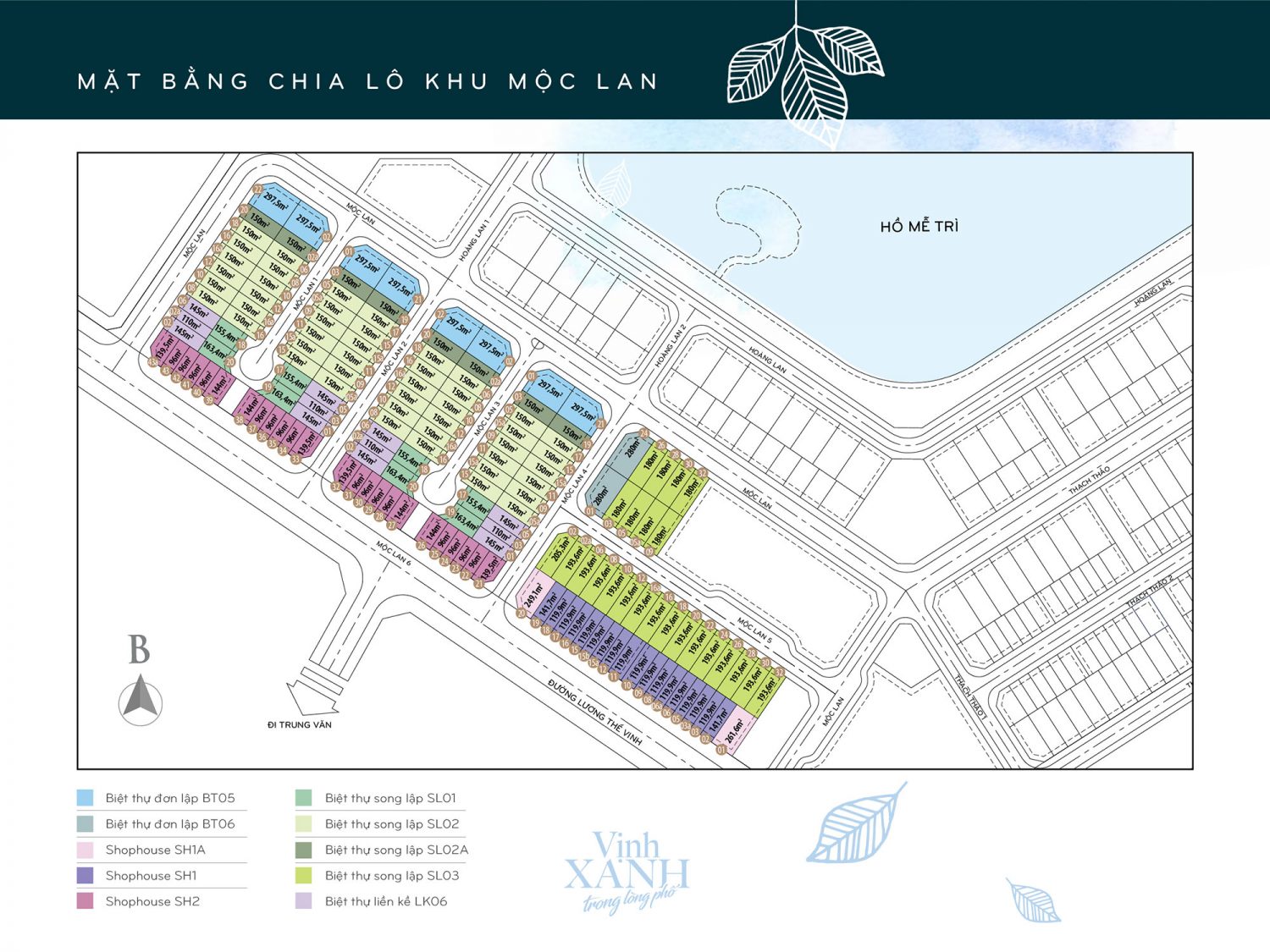 Mặt bằng tiểu khu Mộc Lan gồm sản phẩm shophouse Vinhomes Green Bay Mễ Trì